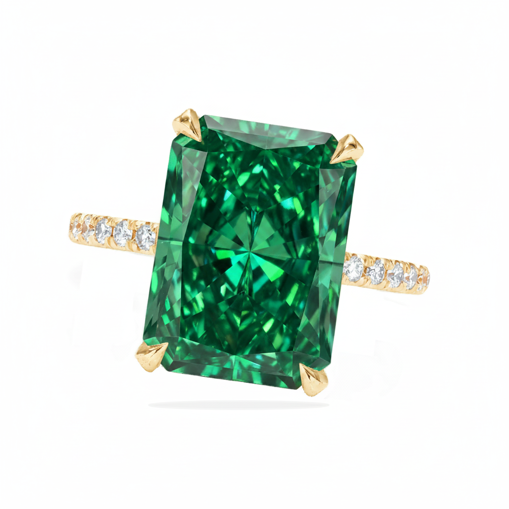 Radiant Cut Lab Emerald & Diamond Solitaire Engagement Ring 14K Yellow Gold (6.35ct)
