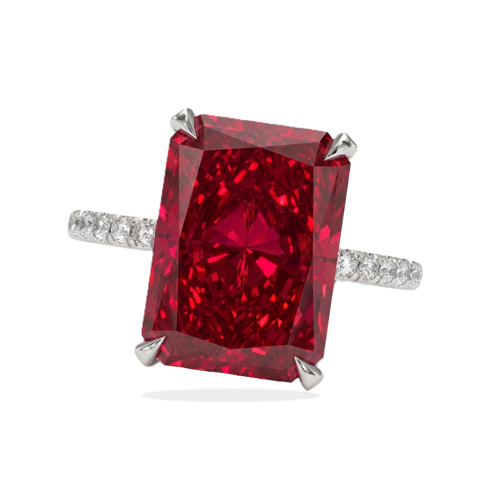 Radiant Cut Lab Ruby & Diamond Solitaire Engagement Ring 14K White Gold (8.90ct)