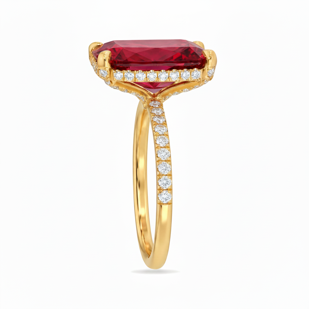 Radiant Cut Lab Ruby & Diamond Solitaire Engagement Ring 14K Yellow Gold (8.90ct)