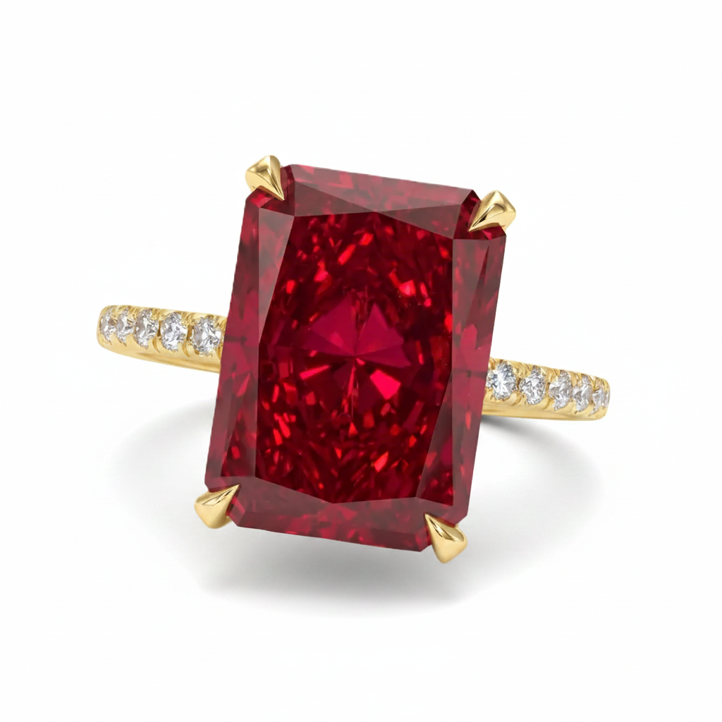 Radiant Cut Lab Ruby & Diamond Solitaire Engagement Ring 14K Yellow Gold (8.90ct)