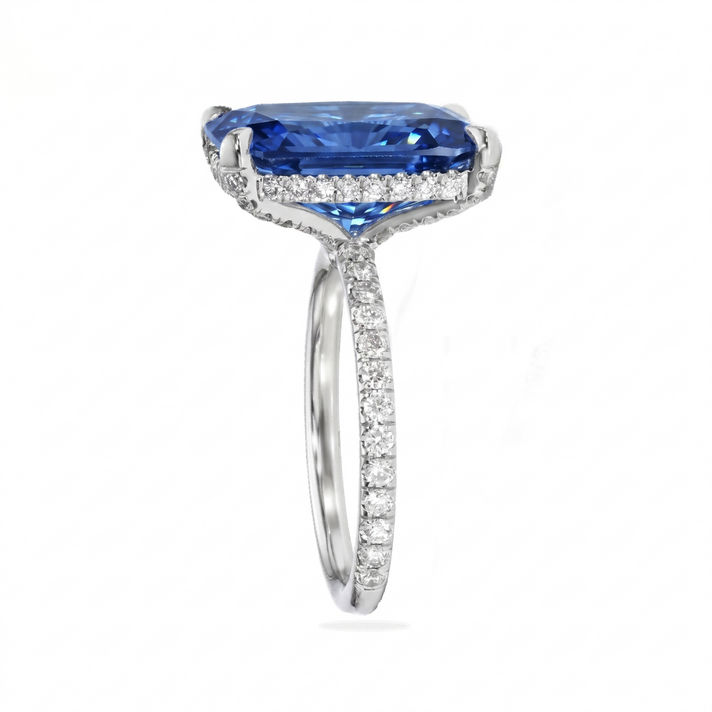 Radiant Cut Lab Blue Sapphire & Diamond Solitaire Engagement Ring 14K White Gold (8.90ct)