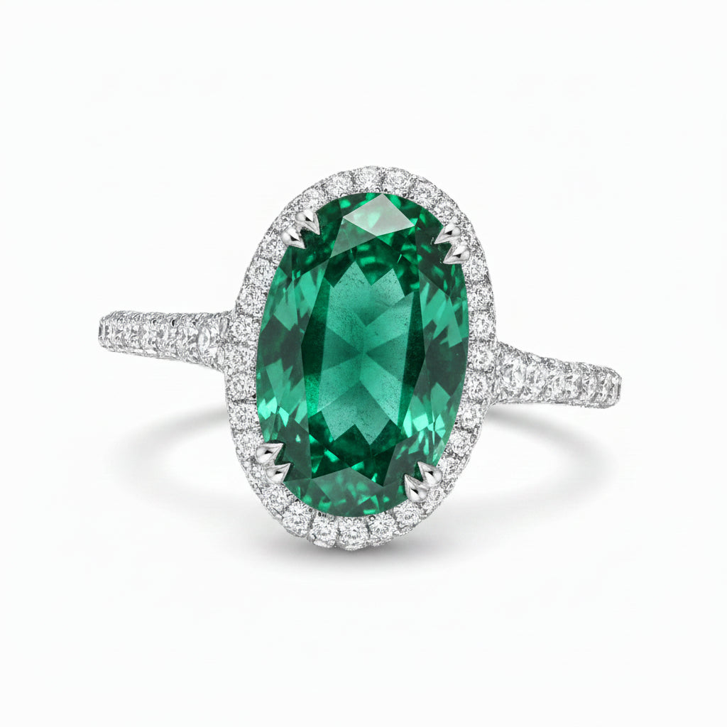Oval Lab Emerald & Diamond Halo Engagement Ring 14K White Gold (3.74ct)