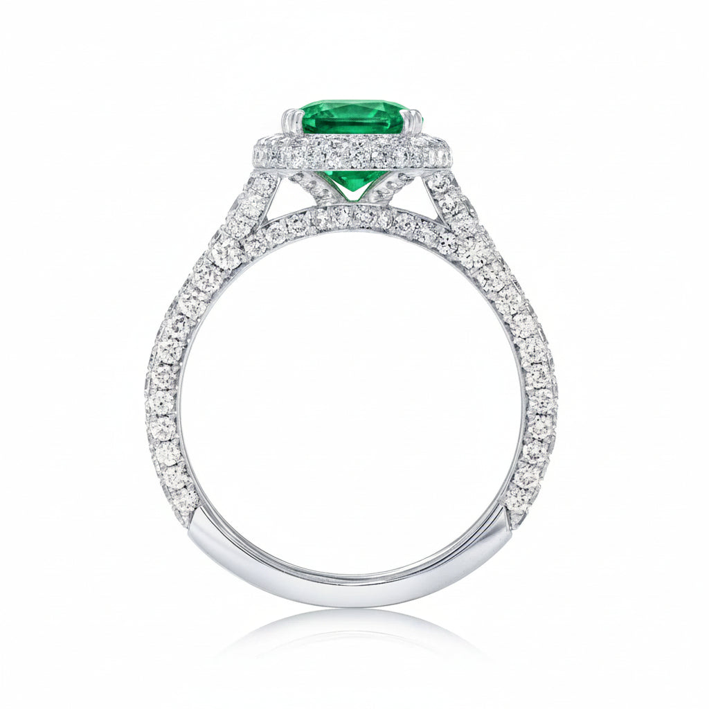 Oval Lab Emerald & Diamond Halo Engagement Ring 14K White Gold (3.74ct)