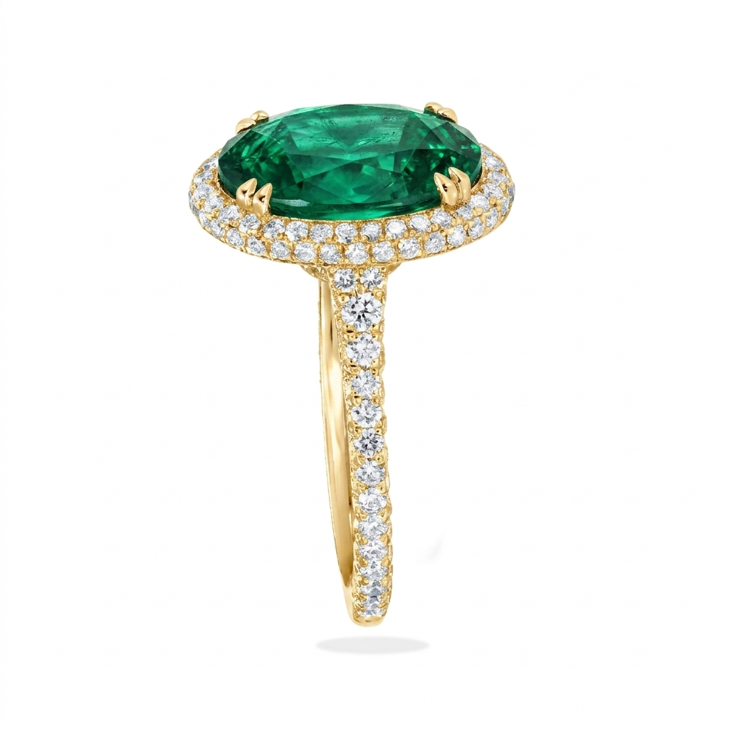 Oval Lab Emerald & Diamond Halo Engagement Ring 14K Yellow Gold (3.74ct)