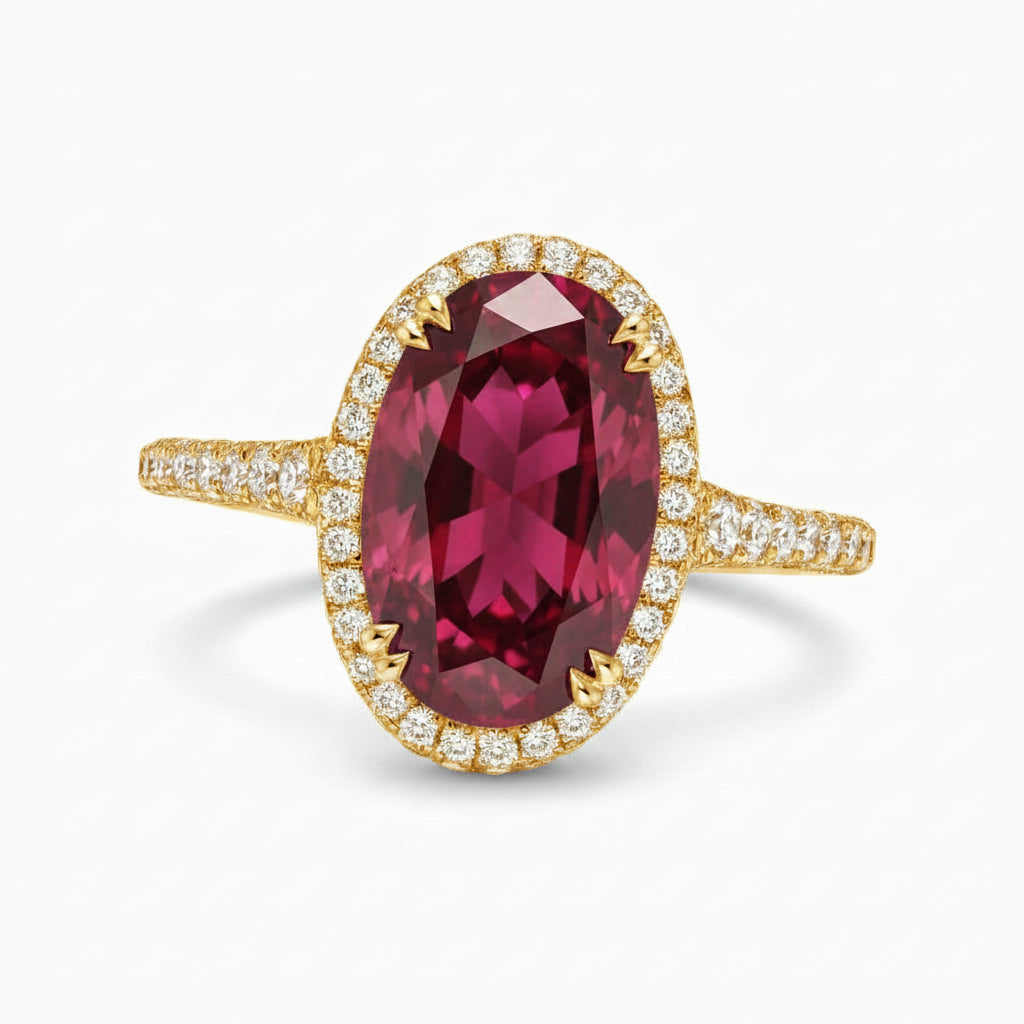 Oval Lab Ruby & Diamond Halo Engagement Ring 14K Yellow Gold (4.83ct)