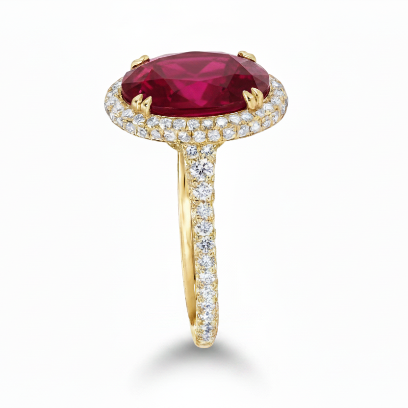 Oval Lab Ruby & Diamond Halo Engagement Ring 14K Yellow Gold (4.83ct)