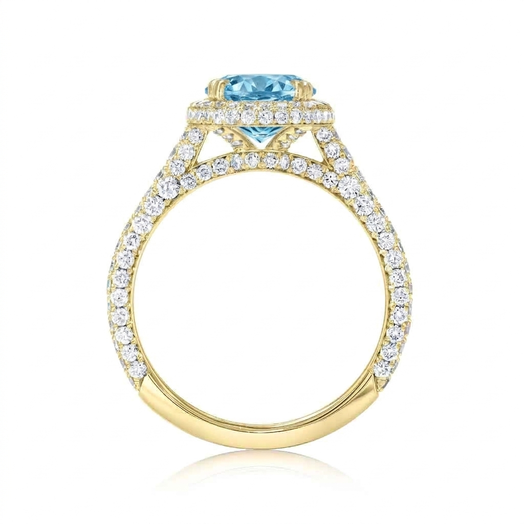 Oval Lab Aquamarine & Diamond Halo Engagement Ring 14K Yellow Gold (3.74ct)