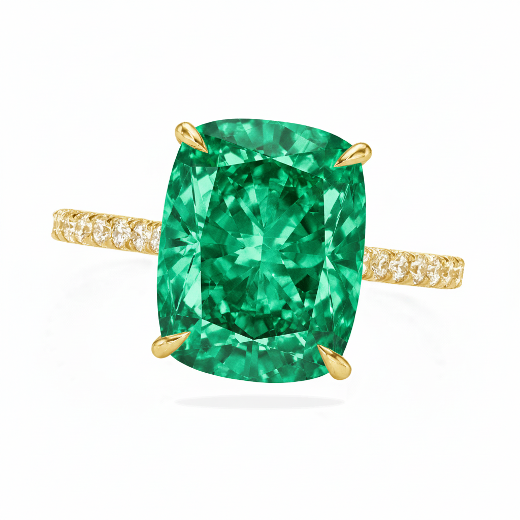 Elongated Cushion Lab Emerald & Diamond Engagement Ring 14K Yellow Gold (3.61ct)
