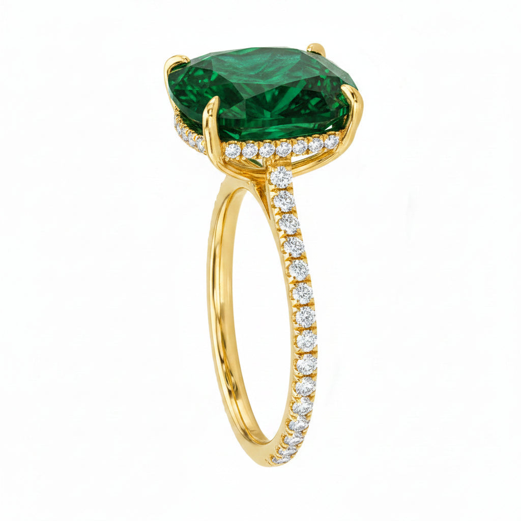 Elongated Cushion Lab Emerald & Diamond Engagement Ring 14K Yellow Gold (3.61ct)