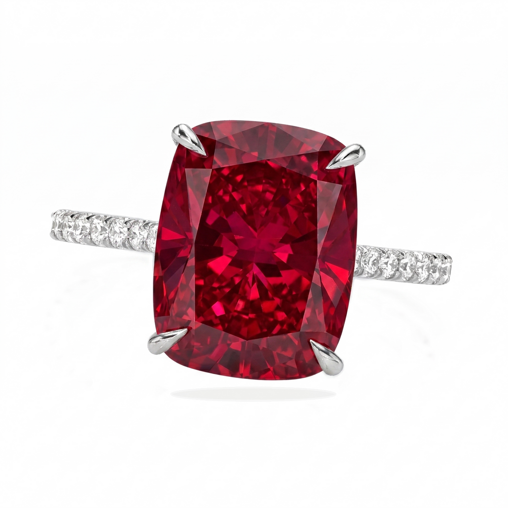 Elongated Cushion Lab Ruby & Diamond Engagement Ring 14K White Gold (5.06ct)