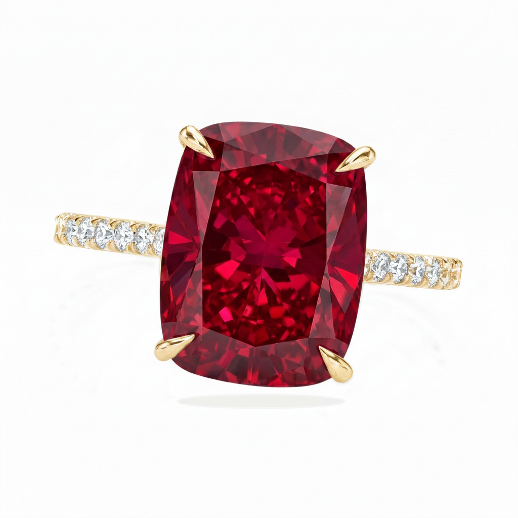 Elongated Cushion Lab Ruby & Diamond Engagement Ring 14K Yellow Gold (5.06ct)