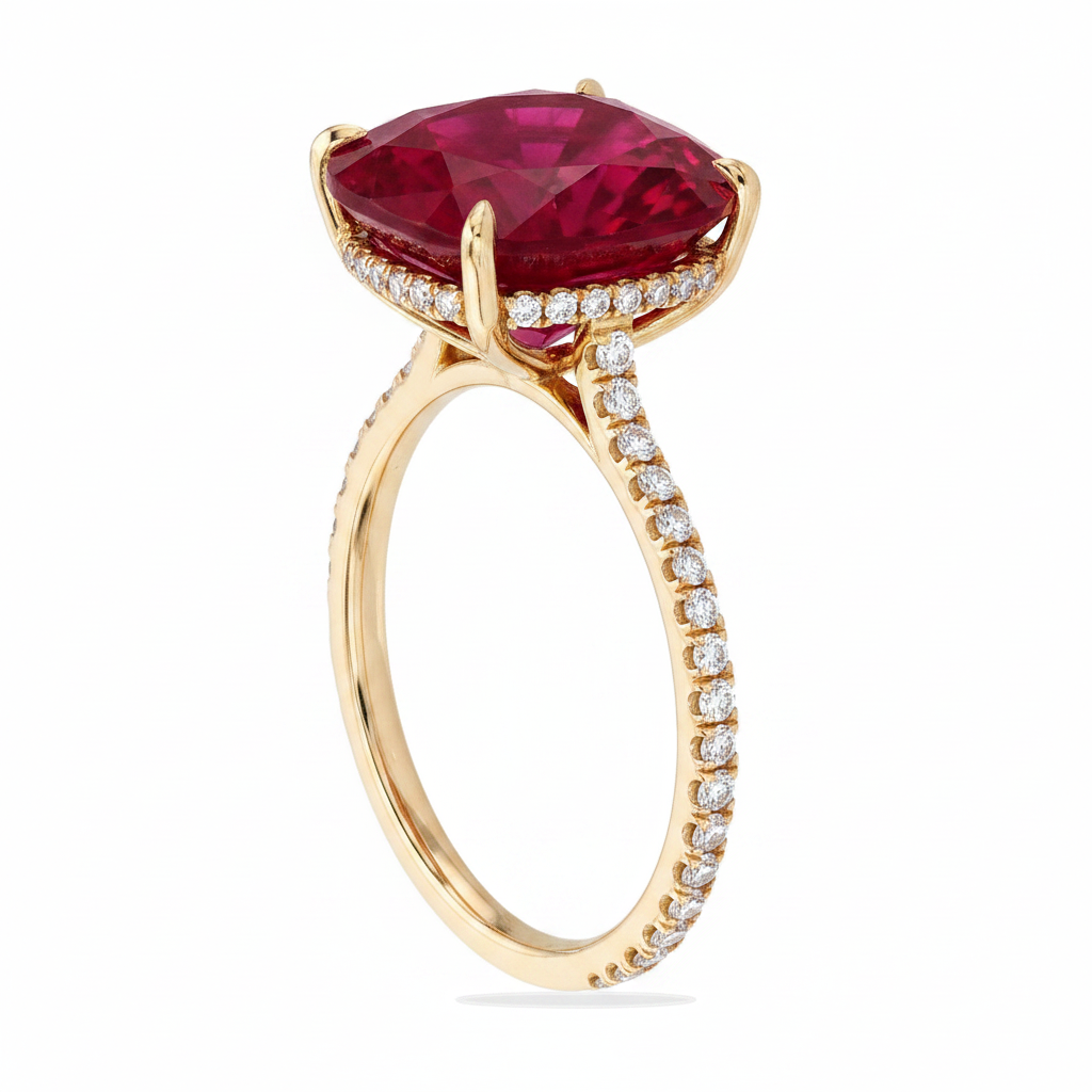 Elongated Cushion Lab Ruby & Diamond Engagement Ring 14K Yellow Gold (5.06ct)