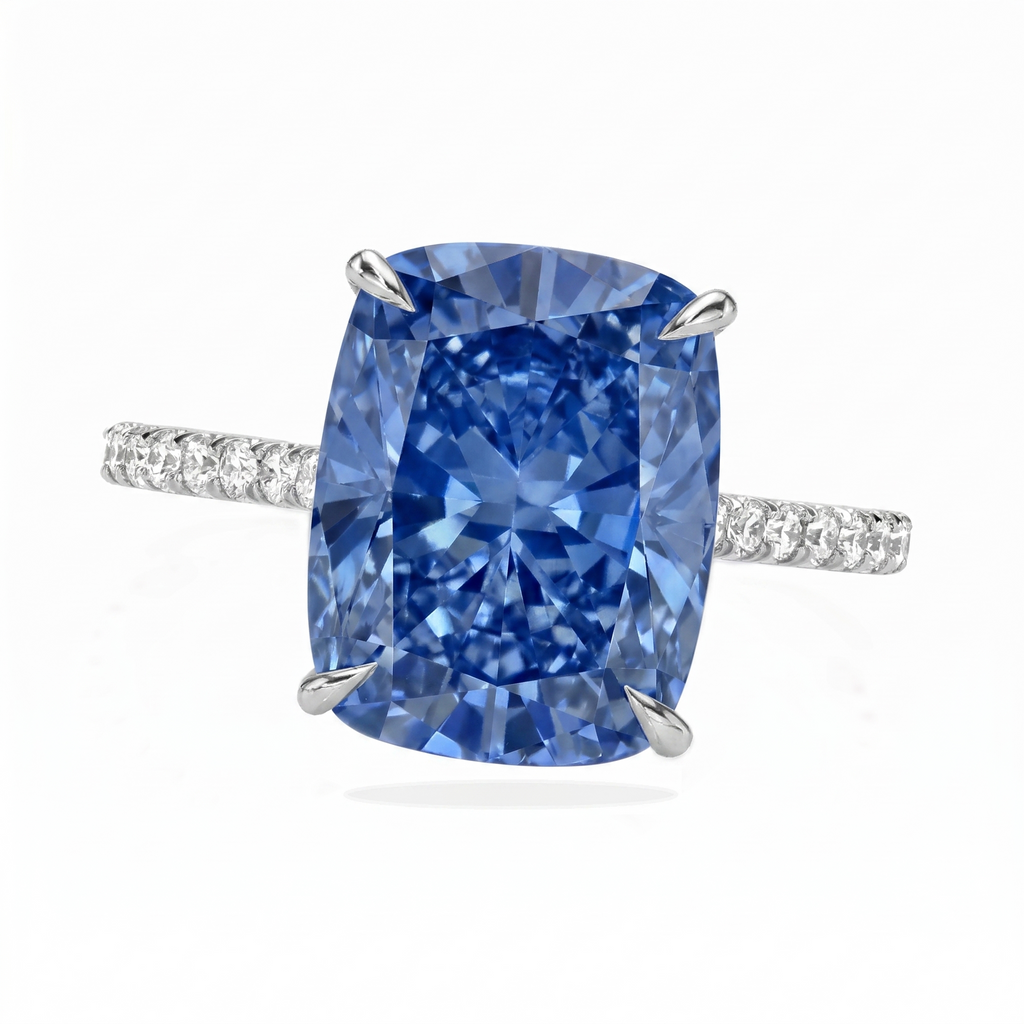 Elongated Cushion Lab Blue Sapphire & Diamond Engagement Ring 14K White Gold (5.06ct)