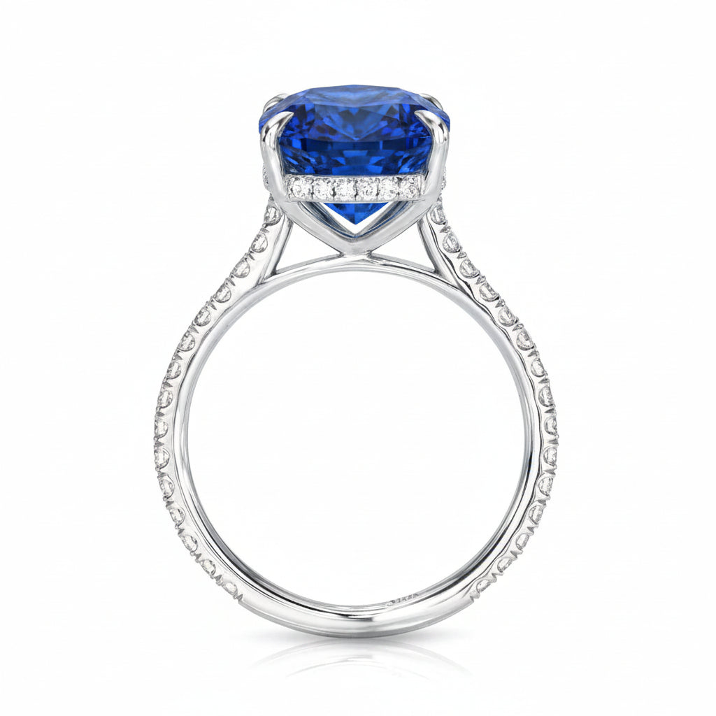 Elongated Cushion Lab Blue Sapphire & Diamond Engagement Ring 14K White Gold (5.06ct)