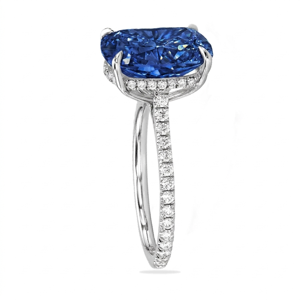 Elongated Cushion Lab Blue Sapphire & Diamond Engagement Ring 14K White Gold (5.06ct)