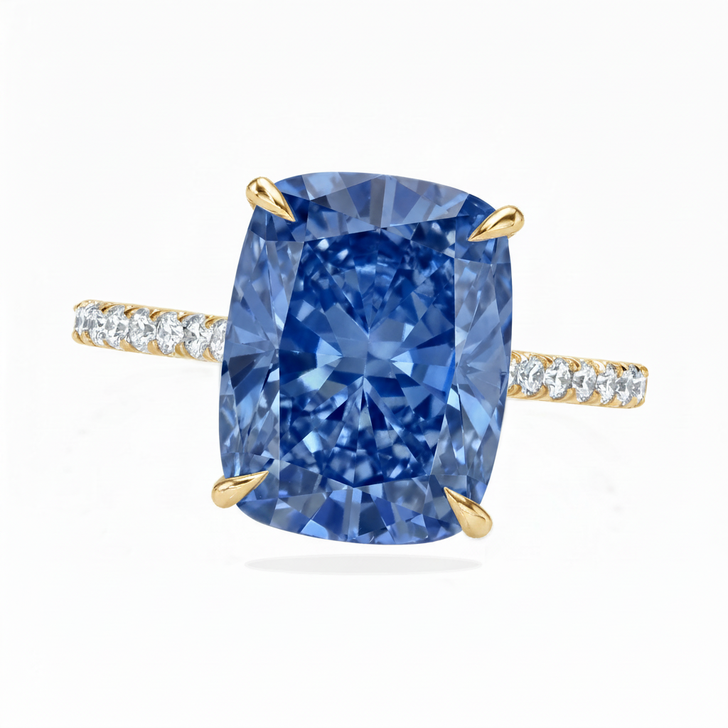 Elongated Cushion Lab Blue Sapphire & Diamond Engagement Ring 14K Yellow Gold (5.06ct)