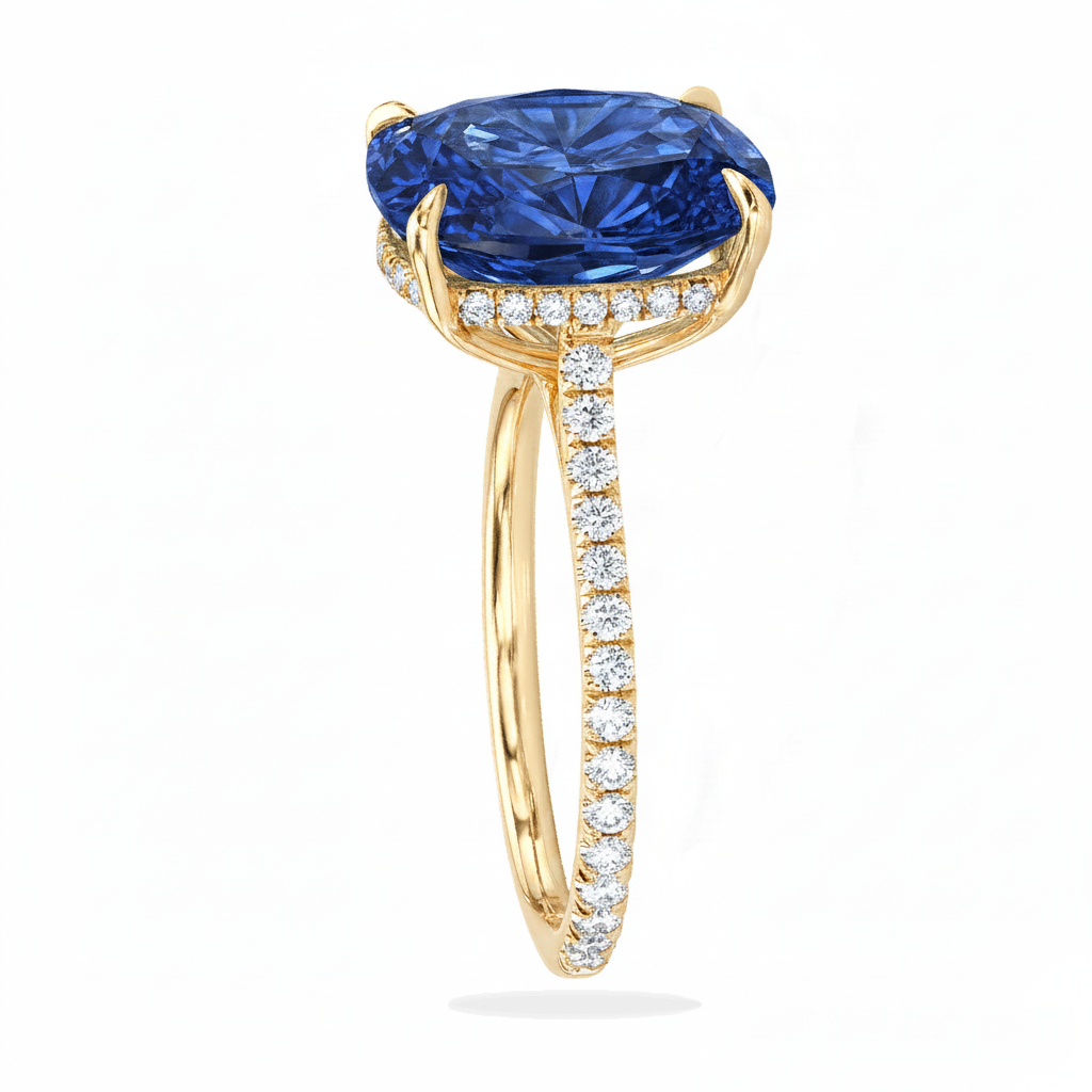 Elongated Cushion Lab Blue Sapphire & Diamond Engagement Ring 14K Yellow Gold (5.06ct)