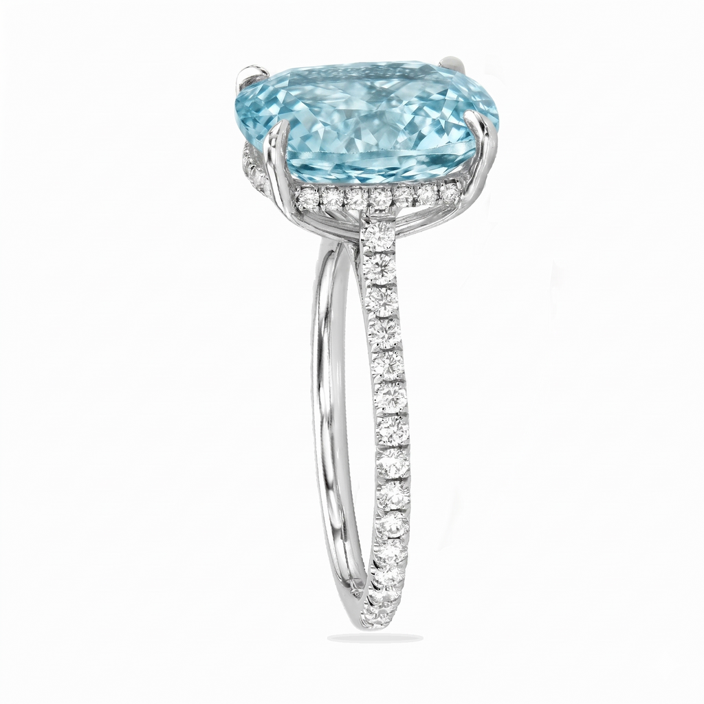Elongated Cushion Lab Aquamarine & Diamond Engagement Ring 14K White Gold (3.61ct)