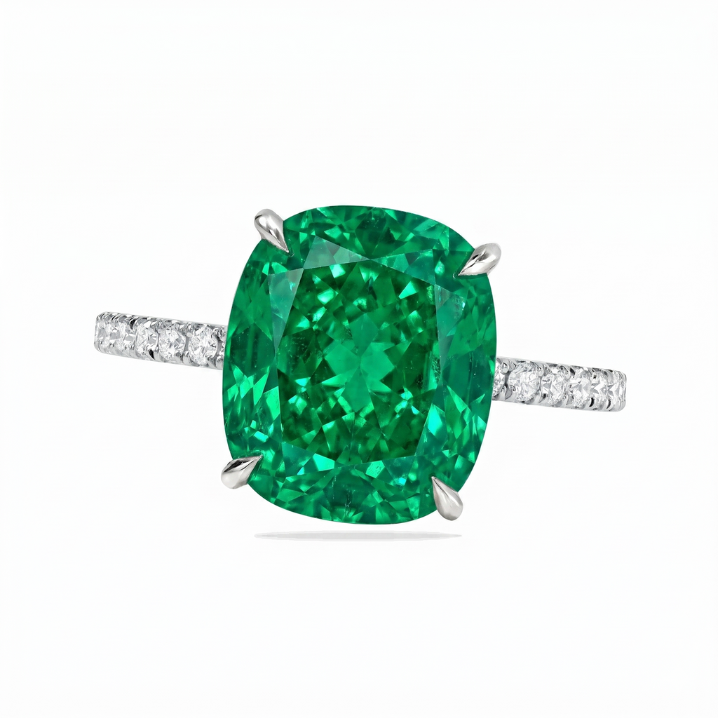 Cushion Cut Lab Emerald & Diamond Solitaire Engagement Ring 14K White Gold (4.47ct)