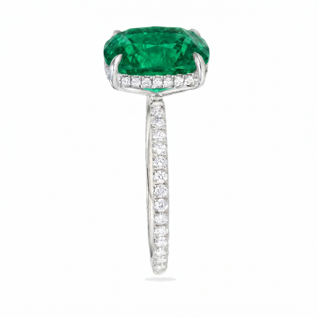 Cushion Cut Lab Emerald & Diamond Solitaire Engagement Ring 14K White Gold (4.47ct)