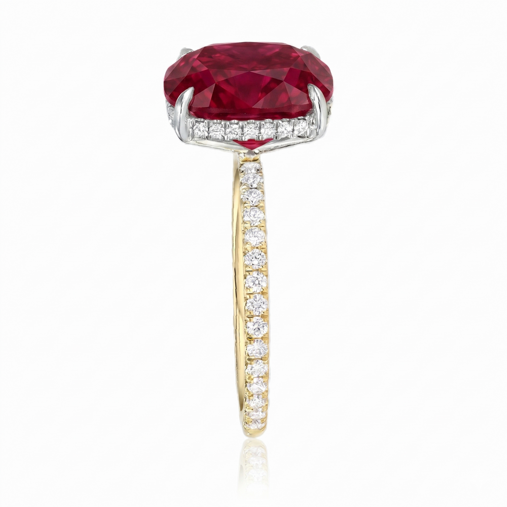 Cushion Cut Lab Ruby & Diamond Solitaire Engagement Ring 14K Two Tone Gold (6.28ct)