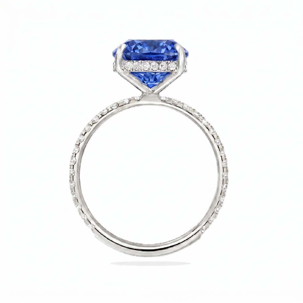 Cushion Cut Lab Blue Sapphire & Diamond Solitaire Engagement Ring 14K White Gold (6.28ct)