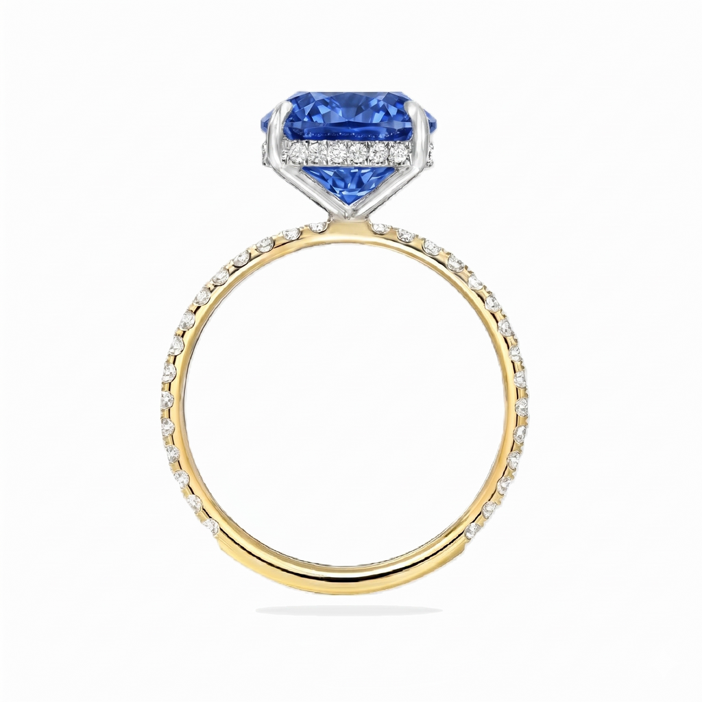 Cushion Cut Lab Blue Sapphire & Diamond Solitaire Engagement Ring 14K Two Tone Gold (6.28ct)