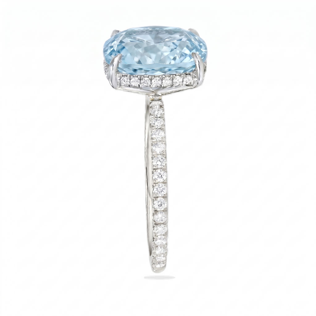 Cushion Cut Lab Aquamarine & Diamond Solitaire Engagement Ring 14K White Gold (4.47ct)
