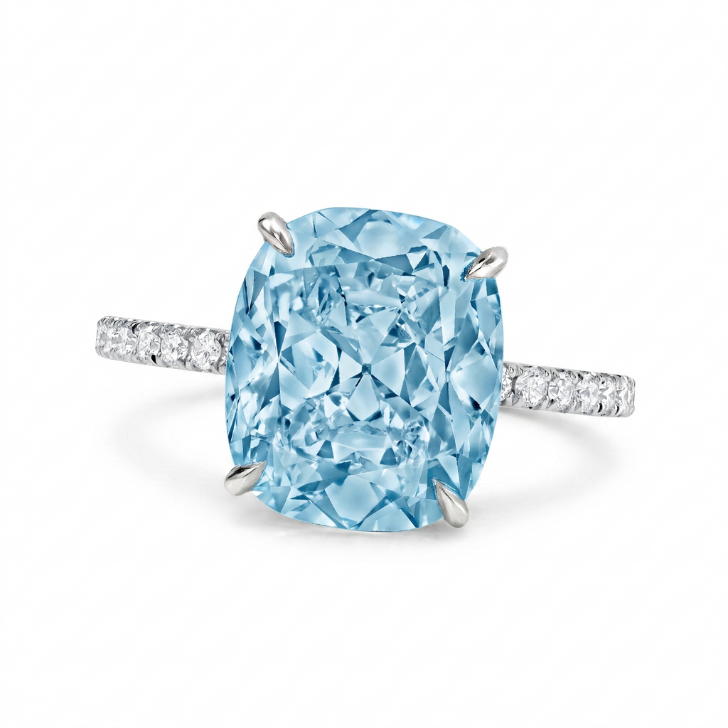 Cushion Cut Lab Aquamarine & Diamond Solitaire Engagement Ring 14K White Gold (4.47ct)
