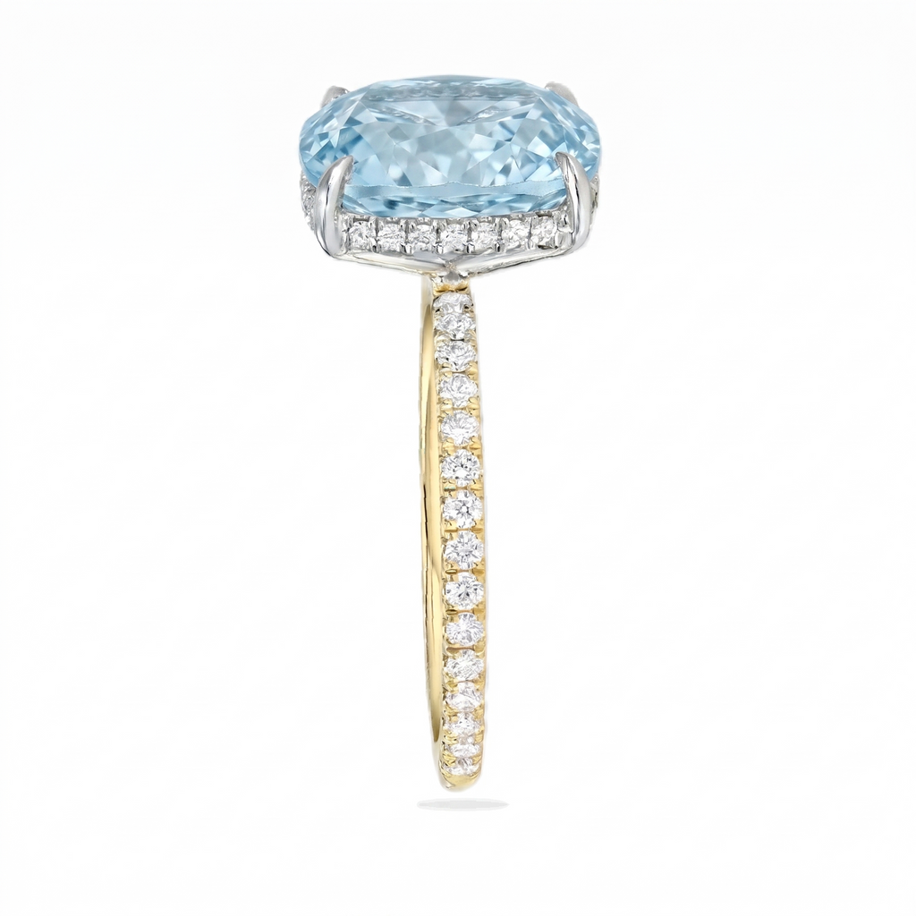 Cushion Cut Lab Aquamarine & Diamond Solitaire Engagement Ring 14K Two Tone Gold (4.47ct)