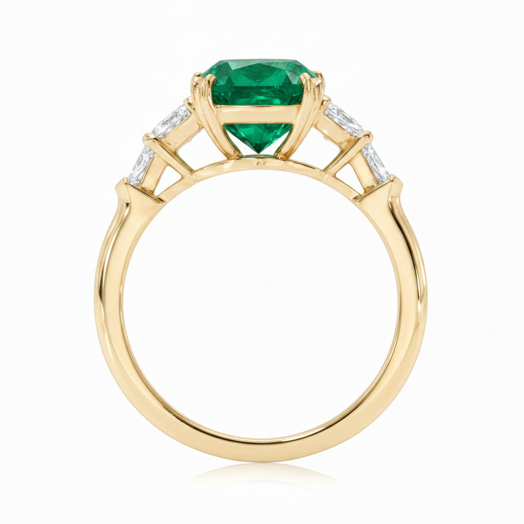 Cushion Cut Lab Emerald & Diamond 5 Stone Engagement Ring 14K Yellow Gold (4.57ct)