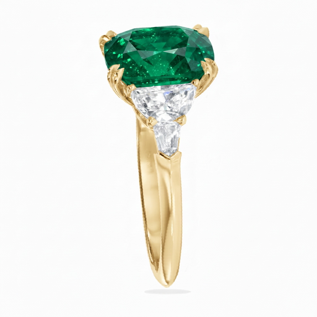 Cushion Cut Lab Emerald & Diamond 5 Stone Engagement Ring 14K Yellow Gold (4.57ct)