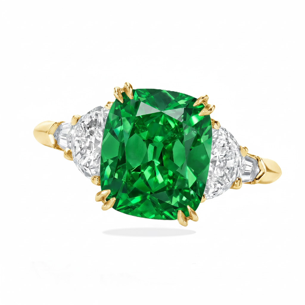 Cushion Cut Lab Emerald & Diamond 5 Stone Engagement Ring 14K Yellow Gold (4.57ct)