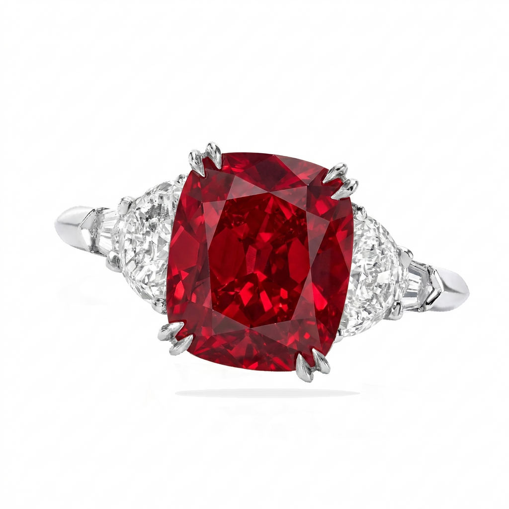 Cushion Cut Lab Ruby & Diamond 5 Stone Engagement Ring 14K White Gold (6.38ct)