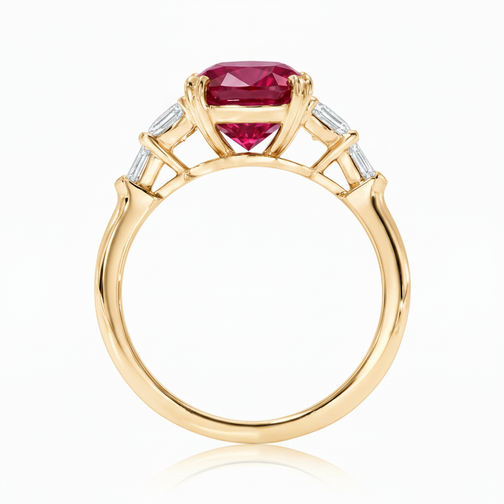Cushion Cut Lab Ruby & Diamond 5 Stone Engagement Ring 14K Yellow Gold (6.38ct)