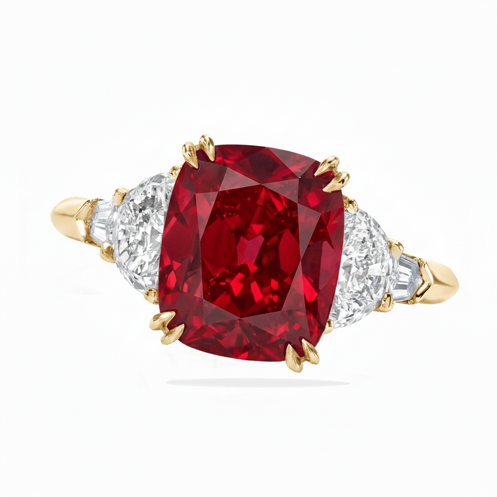 Cushion Cut Lab Ruby & Diamond 5 Stone Engagement Ring 14K Yellow Gold (6.38ct)