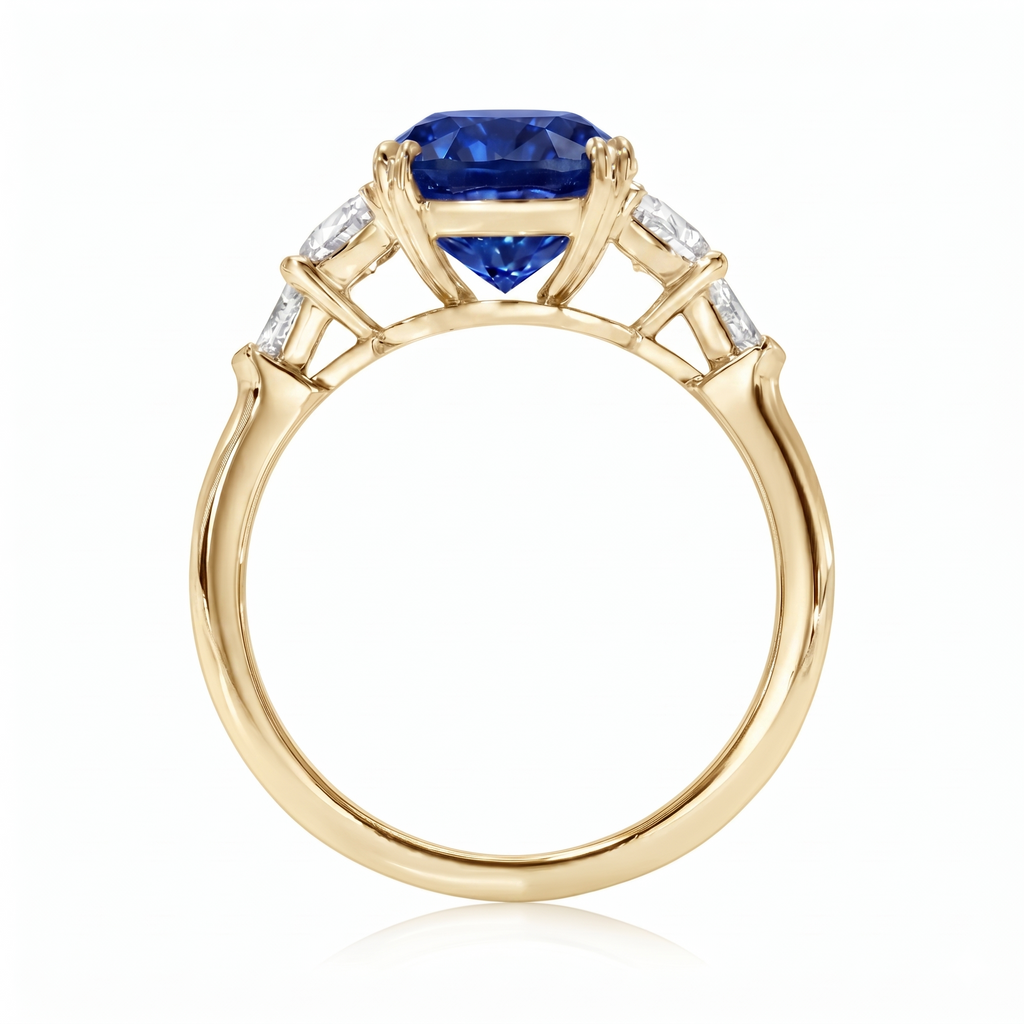 Cushion Cut Lab Blue Sapphire & Diamond 5 Stone Engagement Ring 14K Yellow Gold (6.38ct)