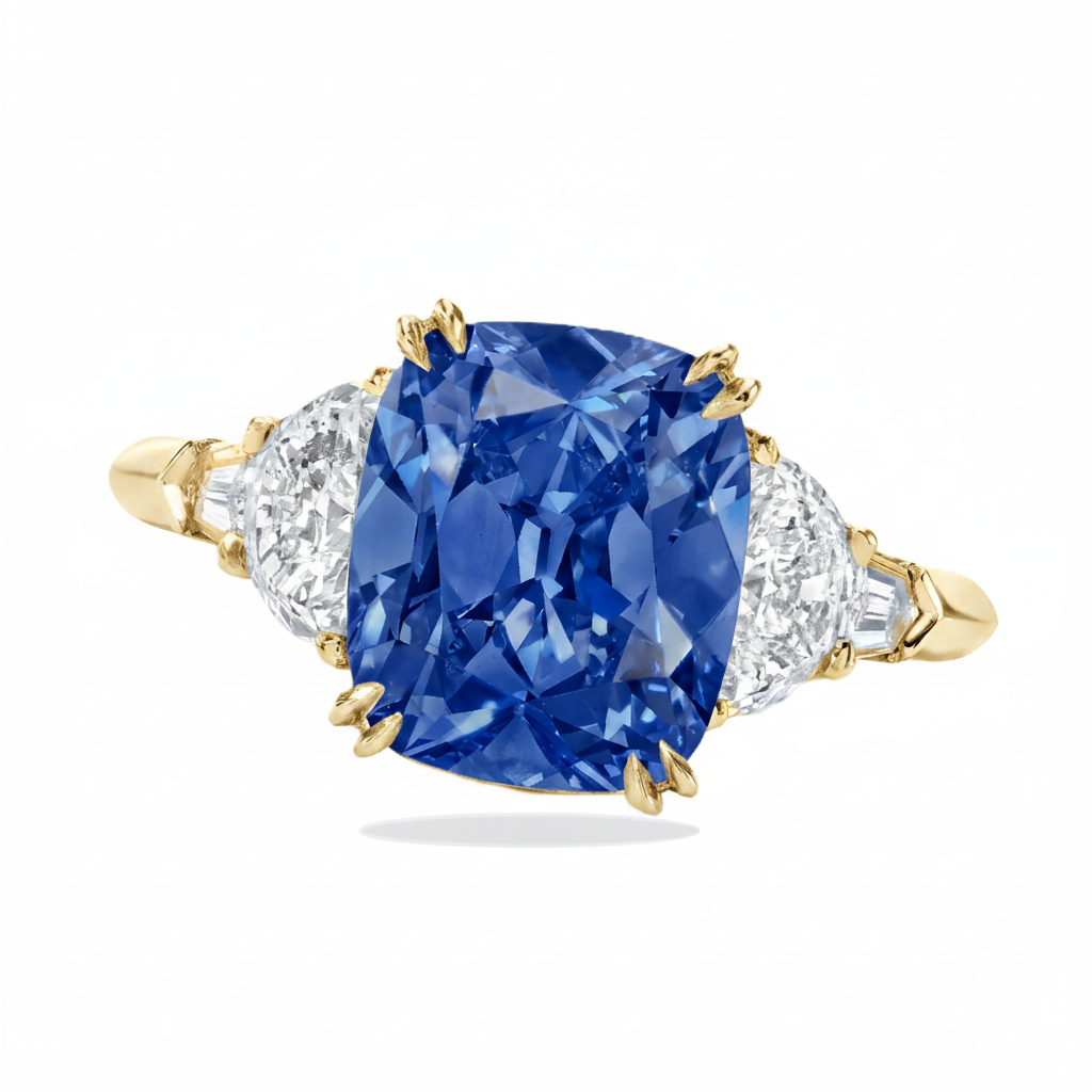 Cushion Cut Lab Blue Sapphire & Diamond 5 Stone Engagement Ring 14K Yellow Gold (6.38ct)