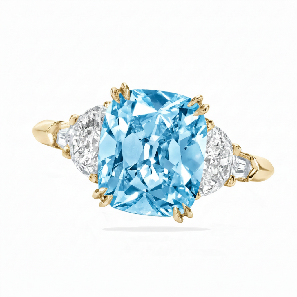 Cushion Cut Lab Aquamarine & Diamond 5 Stone Engagement Ring 14K Yellow Gold (4.57ct)