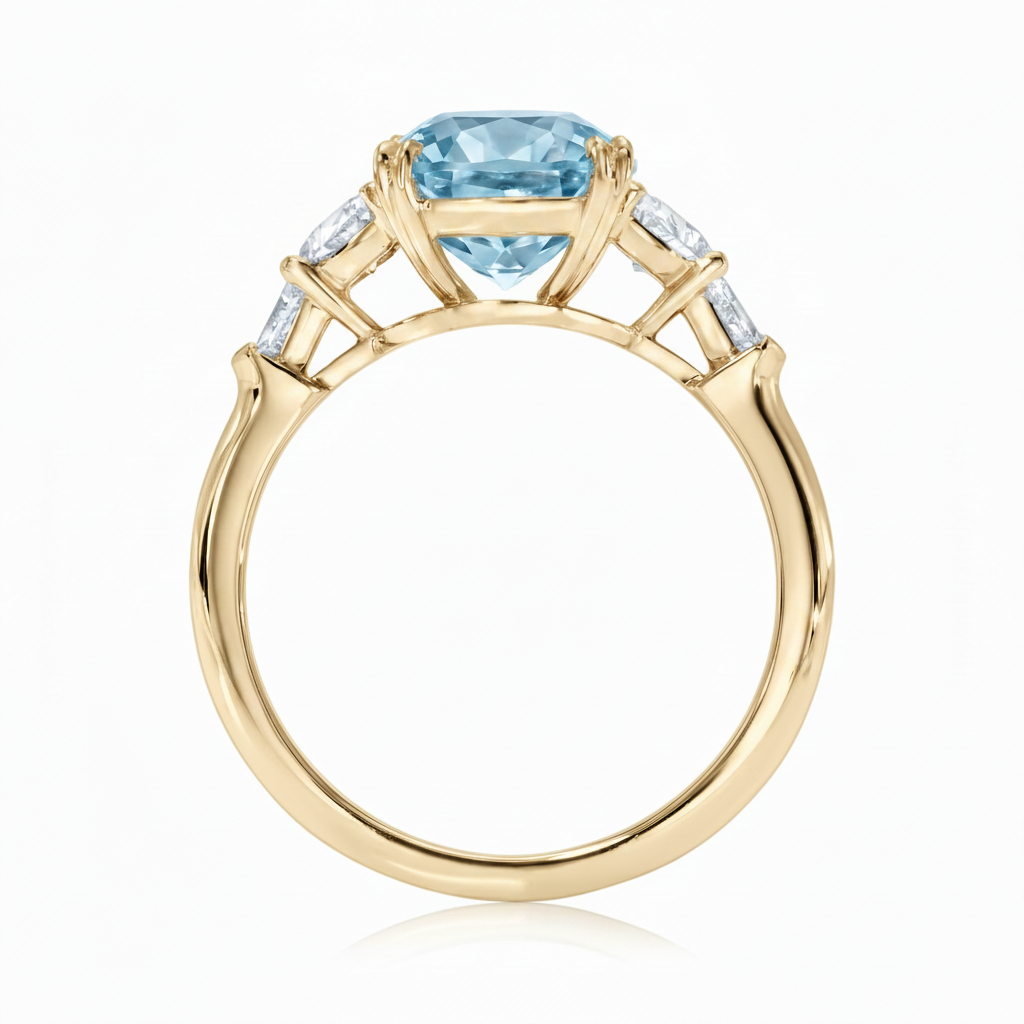 Cushion Cut Lab Aquamarine & Diamond 5 Stone Engagement Ring 14K Yellow Gold (4.57ct)