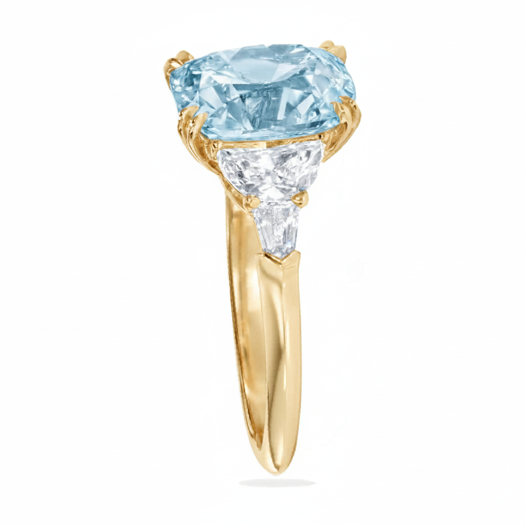 Cushion Cut Lab Aquamarine & Diamond 5 Stone Engagement Ring 14K Yellow Gold (4.57ct)