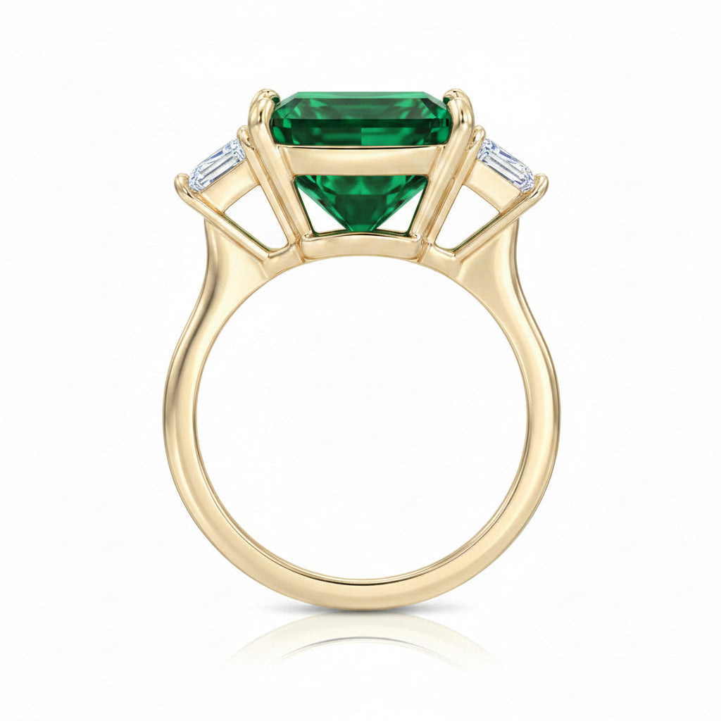 Radiant Cut Lab Emerald & Diamond 3 Stone Engagement Ring 14K Yellow Gold (4.37ct)