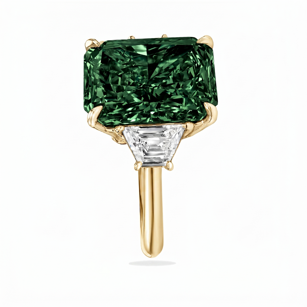 Radiant Cut Lab Emerald & Diamond 3 Stone Engagement Ring 14K Yellow Gold (4.37ct)