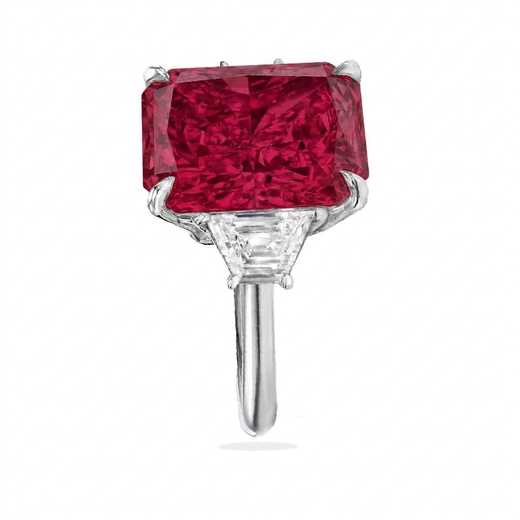 Radiant Cut Lab Ruby & Diamond 3 Stone Engagement Ring 14K White Gold (6.18ct)