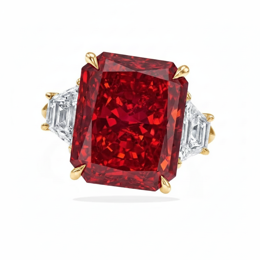 Radiant Cut Lab Ruby & Diamond 3 Stone Engagement Ring 14K Yellow Gold (6.18ct)