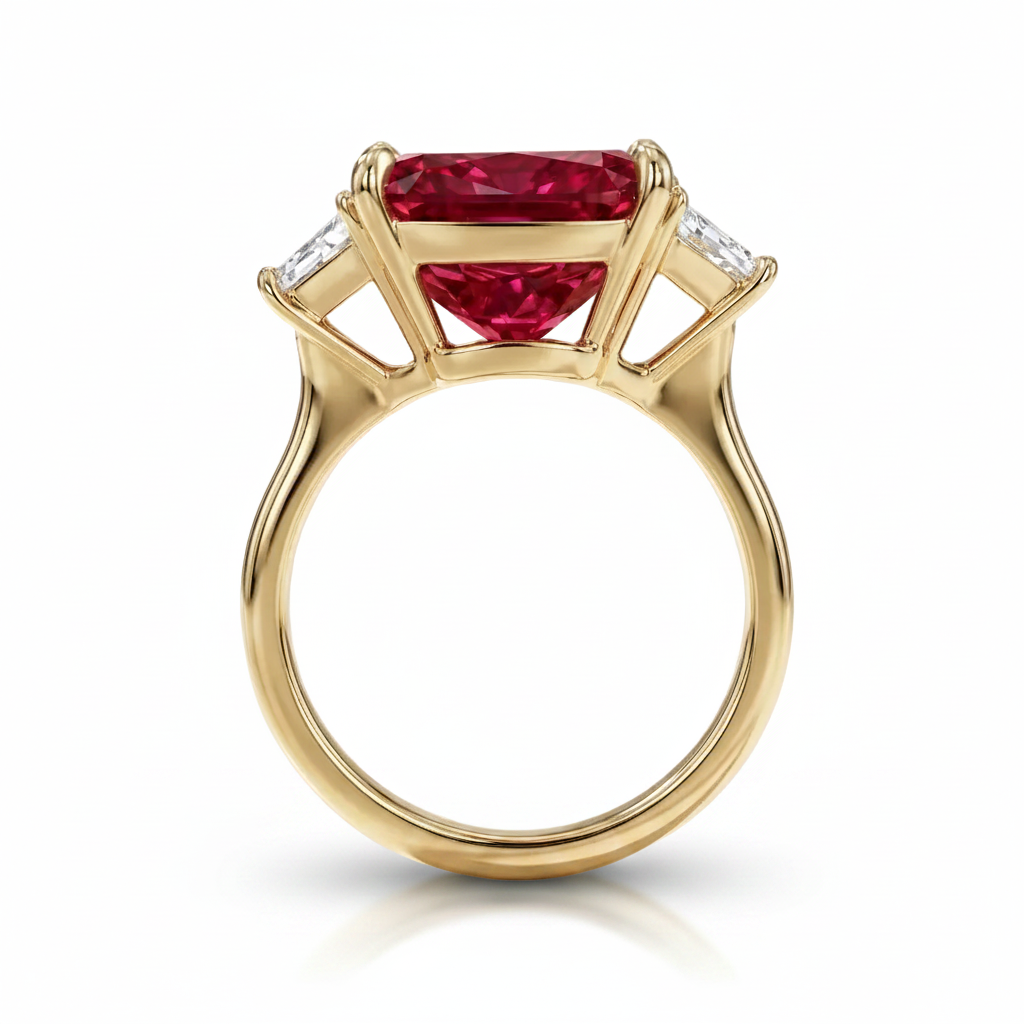 Radiant Cut Lab Ruby & Diamond 3 Stone Engagement Ring 14K Yellow Gold (6.18ct)