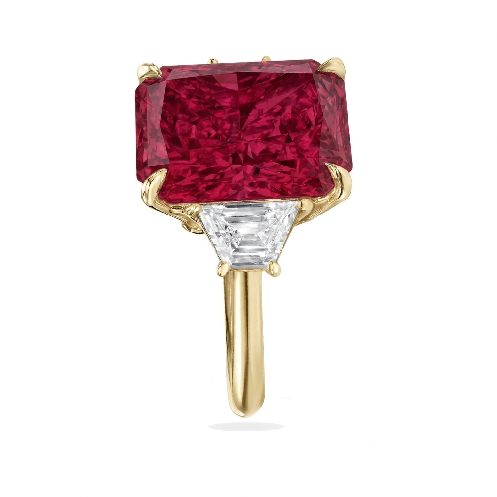 Radiant Cut Lab Ruby & Diamond 3 Stone Engagement Ring 14K Yellow Gold (6.18ct)