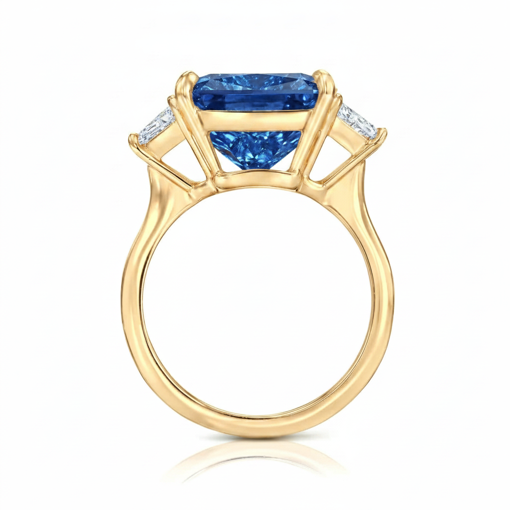 Radiant Cut Lab Blue Sapphire & Diamond 3 Stone Engagement Ring 14K Yellow Gold (6.18ct)