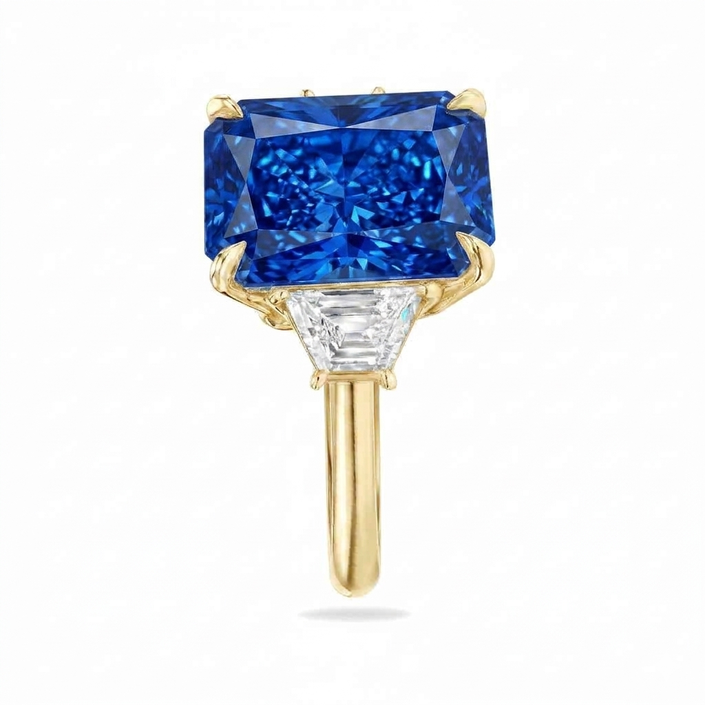Radiant Cut Lab Blue Sapphire & Diamond 3 Stone Engagement Ring 14K Yellow Gold (6.18ct)