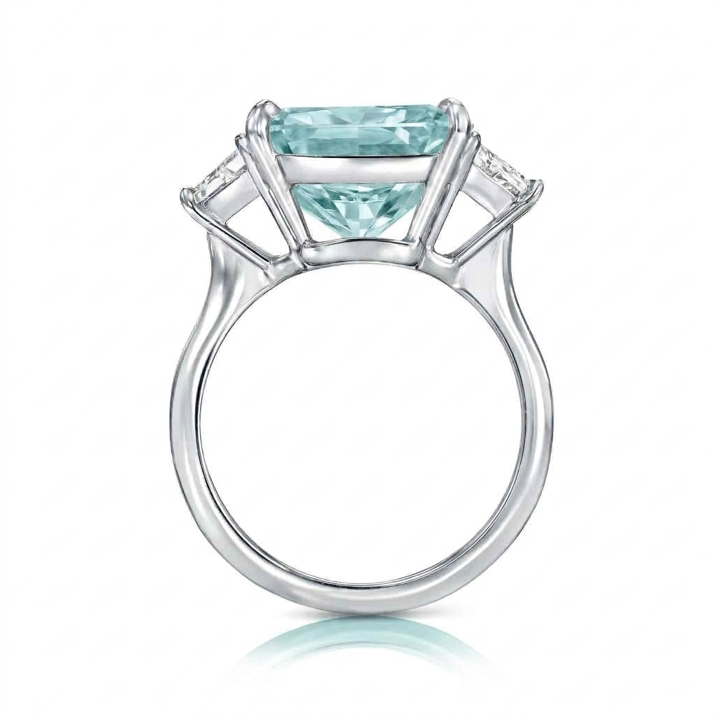 Radiant Cut Lab Aquamarine & Diamond 3 Stone Engagement Ring 14K White Gold (4.37ct)